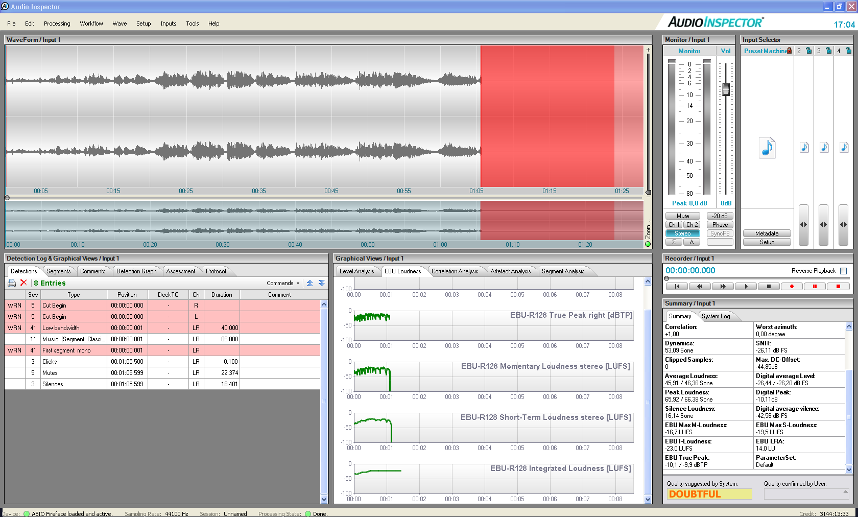 AudioInspector verification view: detection log, EBU R128 loudness graphs, summary and system-suggested quality