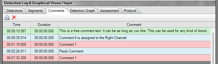 Comments tab: sortable list of annotations with time, duration and text