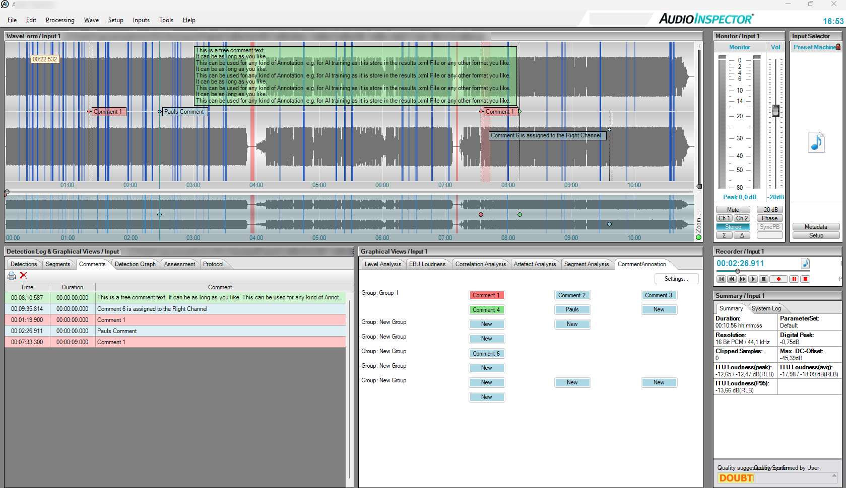 AudioInspector Annotate: waveform with colored annotations, comment list and one-click annotation panel