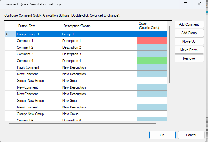 Settings dialog: predefine short keys with comment text, description and color, organised in groups