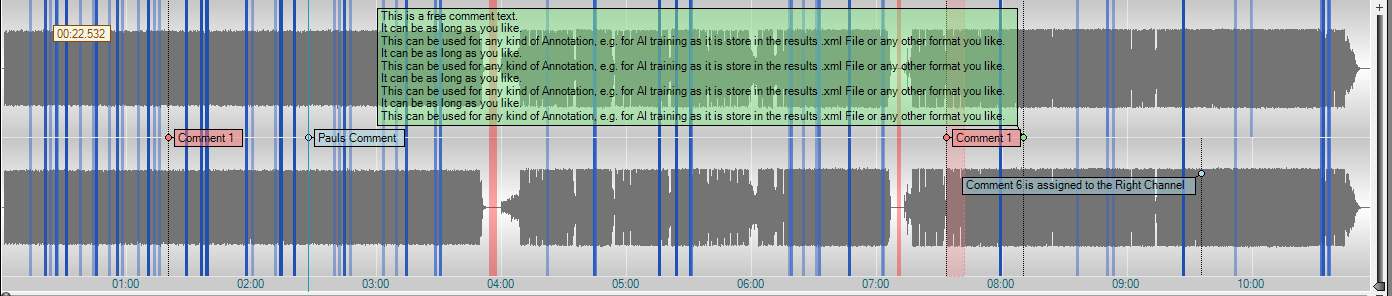 Waveform view with colored comment markers and a highlighted annotation range